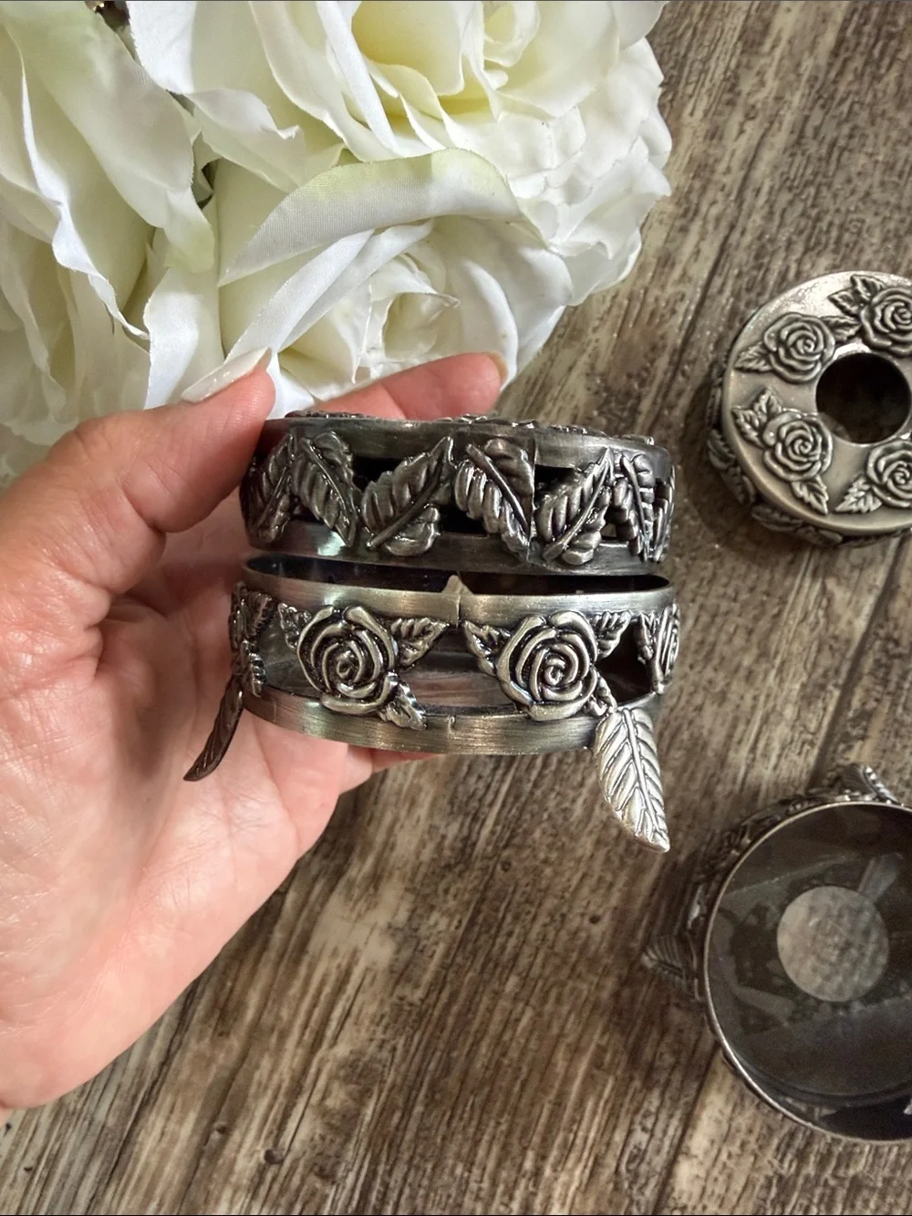 🌟VINTAGE 🌟Pewter Silver Rose Candle Holder, SET 2